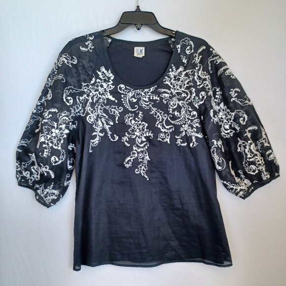 Anthropologie Top Edme & Esyllte Black Embroidered Puff Sleeve Blouse Womens 12 - Picture 6 of 8